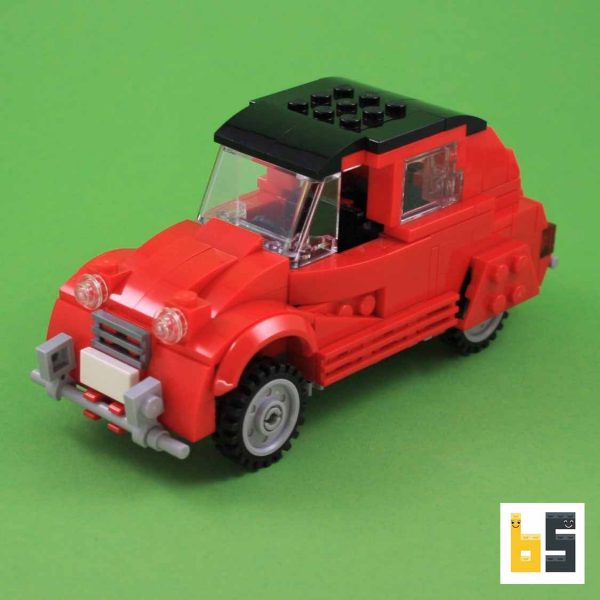 Verschiedene Ansichten des Citroën 2CV in Rot- Bausatz aus LEGO®-Steinen, kreiert von Peter Blackert.