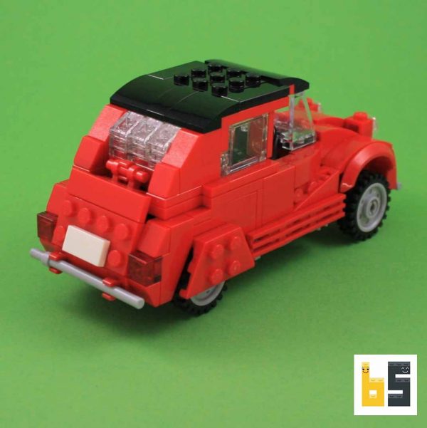 Verschiedene Ansichten des Citroën 2CV in Rot- Bausatz aus LEGO®-Steinen, kreiert von Peter Blackert.