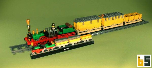 Different views of the steam loco "Der Adler" including wagons as a LEGO® creation by Ralf J. Klumb
