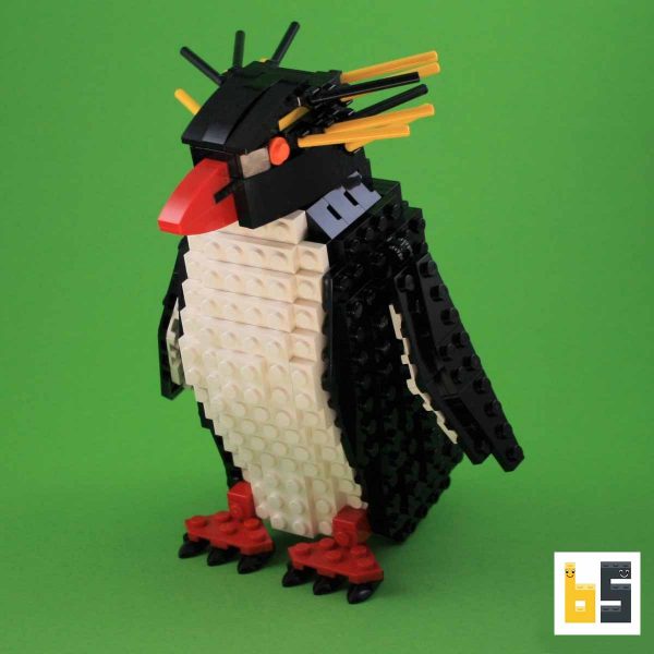 Verschiedene Ansichten des Modells Nördlicher Felsenpinguin, eine LEGO®-Kreation des Designers Thomas Poulsom